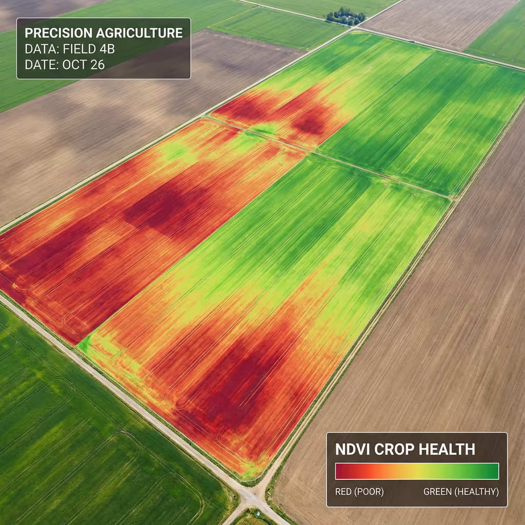 NDVI crop health mapping with color overlay showing plant health variation