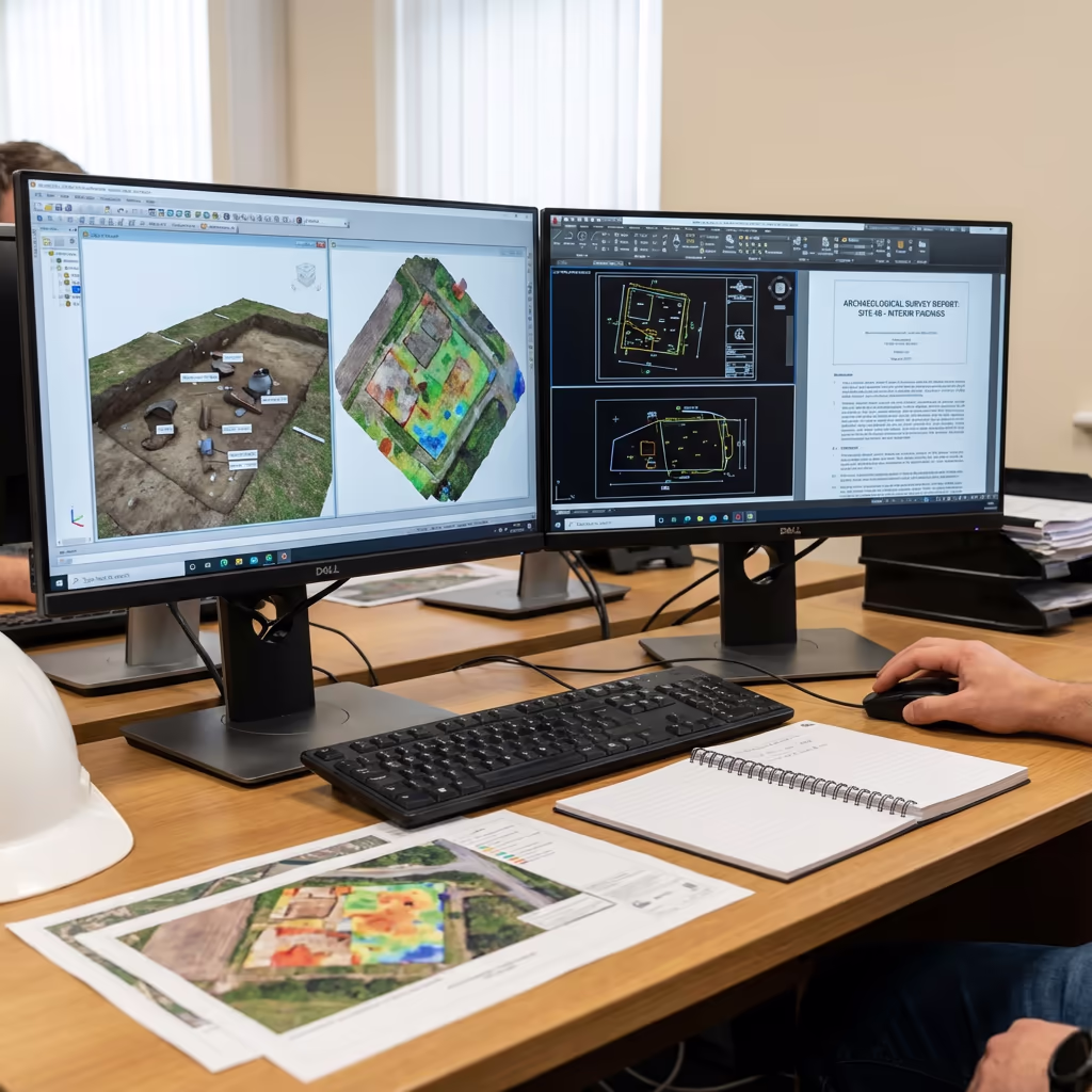 Archaeological survey reports and 3D models displayed on computer screen