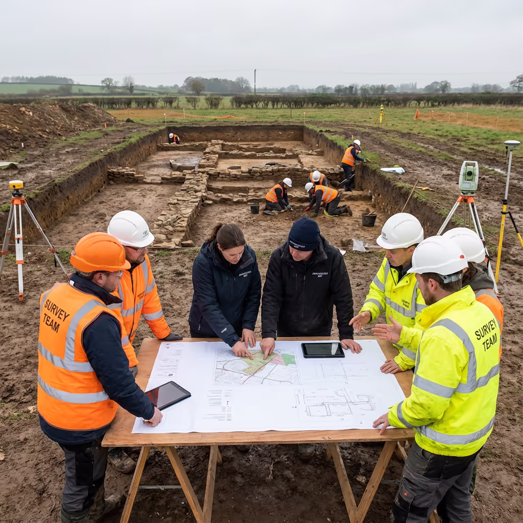 Survey team meeting with archaeology unit client at excavation site