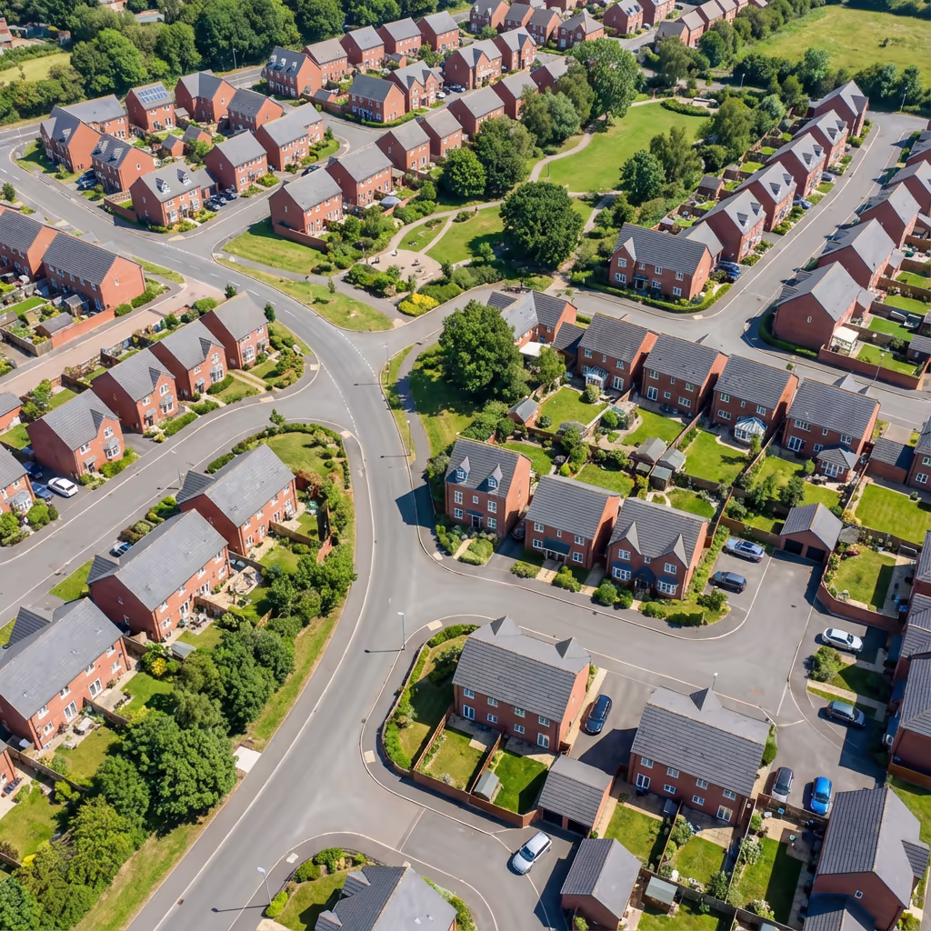Aerial view of completed housing development showing all as-built features