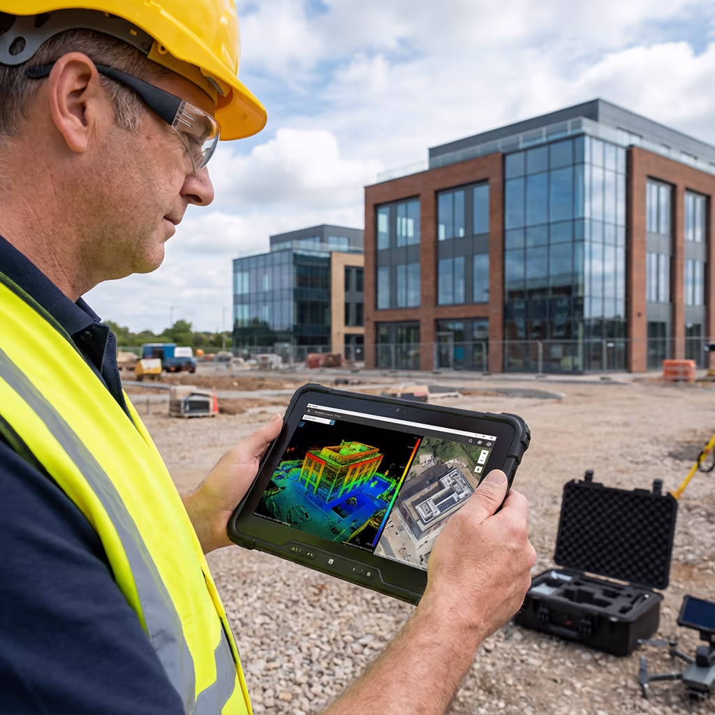 Surveyor reviewing drone as-built survey data on tablet at completed construction site