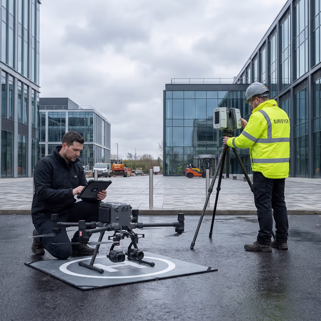 Drone pilot at completed development preparing for as-built survey flight