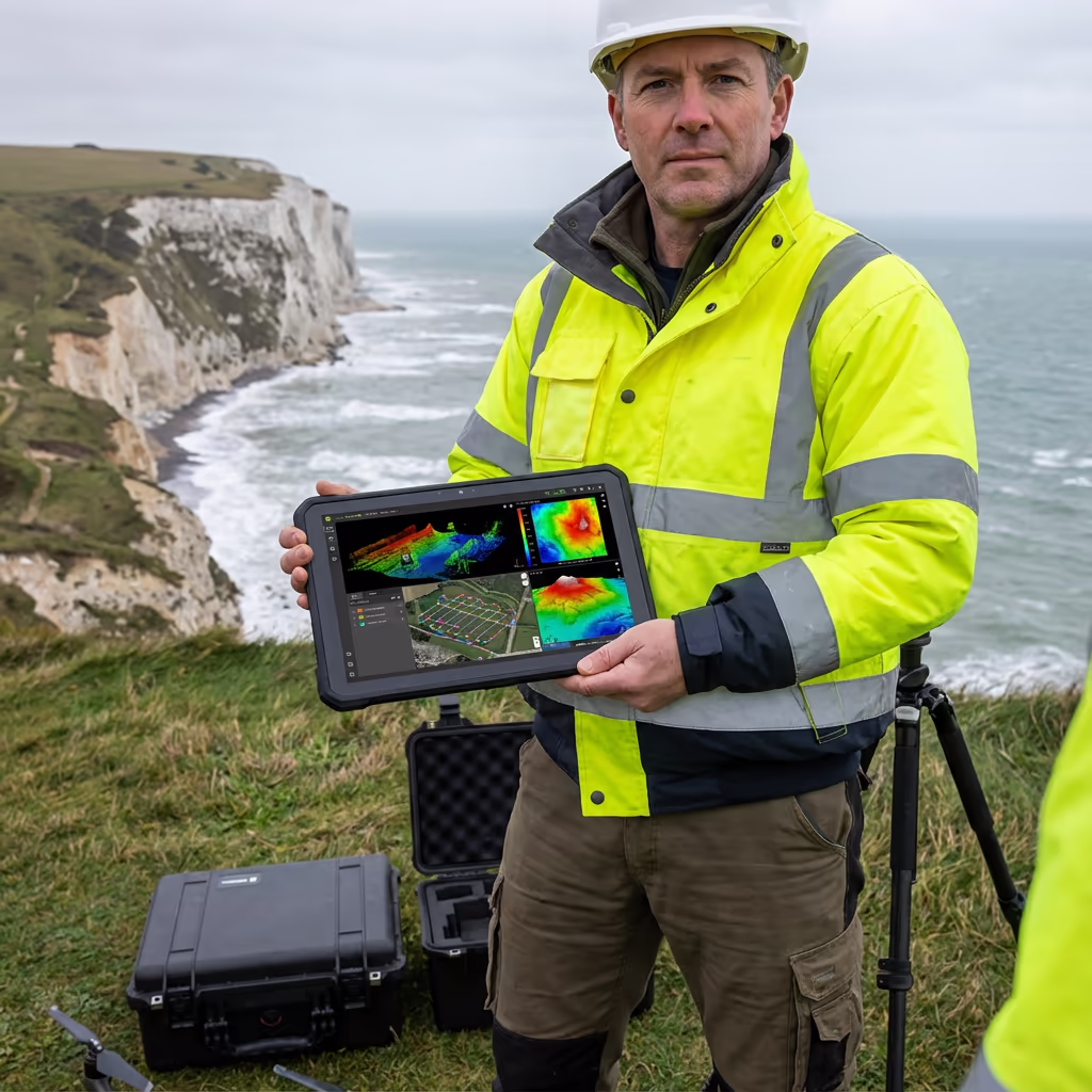 Surveyor reviewing drone coastal survey data on tablet