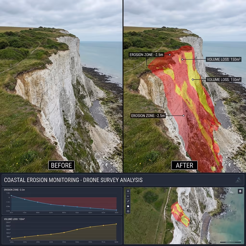 Coastal erosion monitoring with change detection overlay showing cliff recession