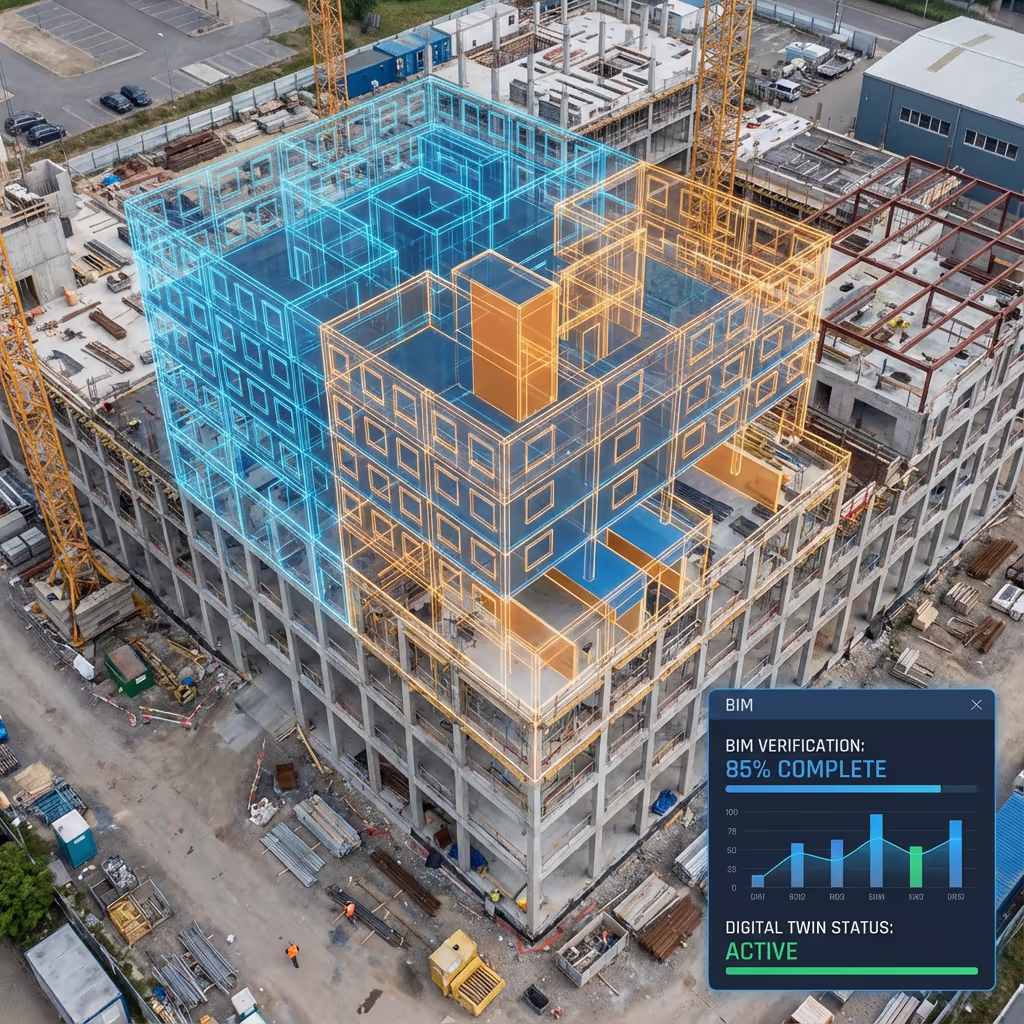 BIM model overlay on construction site aerial view for verification