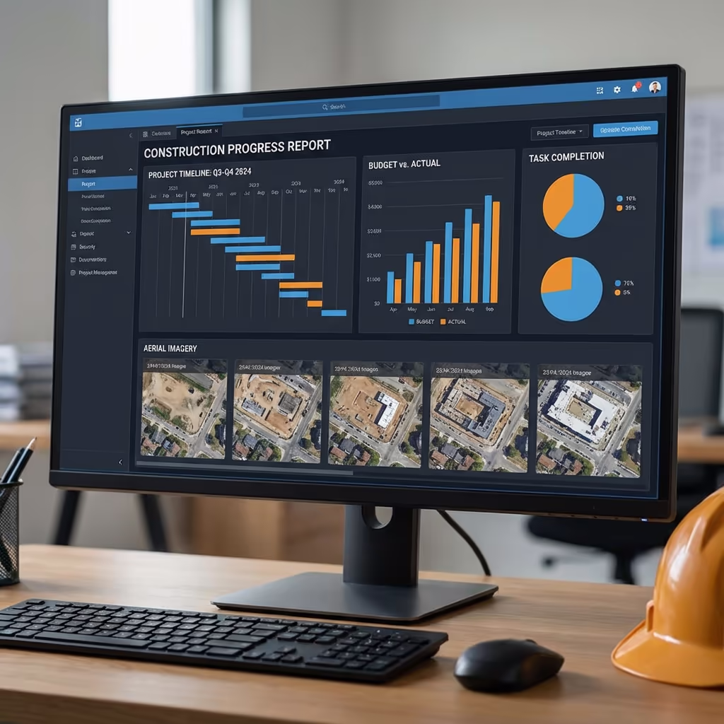 Dashboard showing construction progress reports and analytics