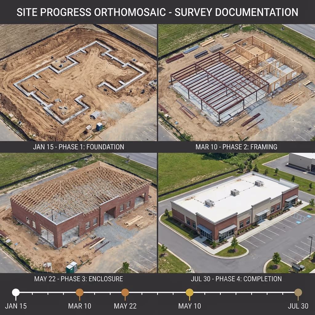 Progress comparison orthomosaic with timeline markers showing construction phases