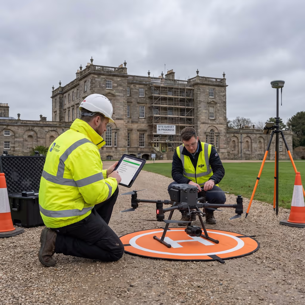 Drone pilot preparing for elevation survey flight at UK building