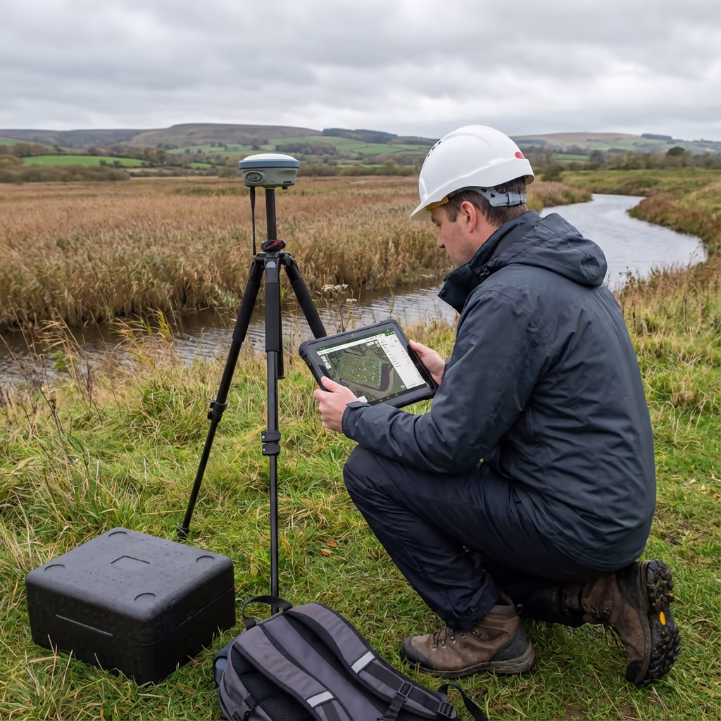 Environmental surveyor reviewing drone data on tablet in nature setting