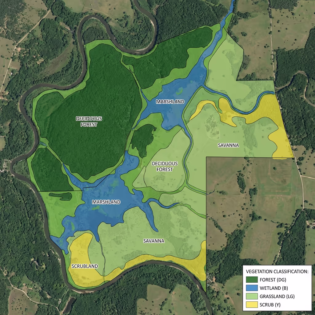 Habitat mapping with vegetation classification overlay showing different habitat types