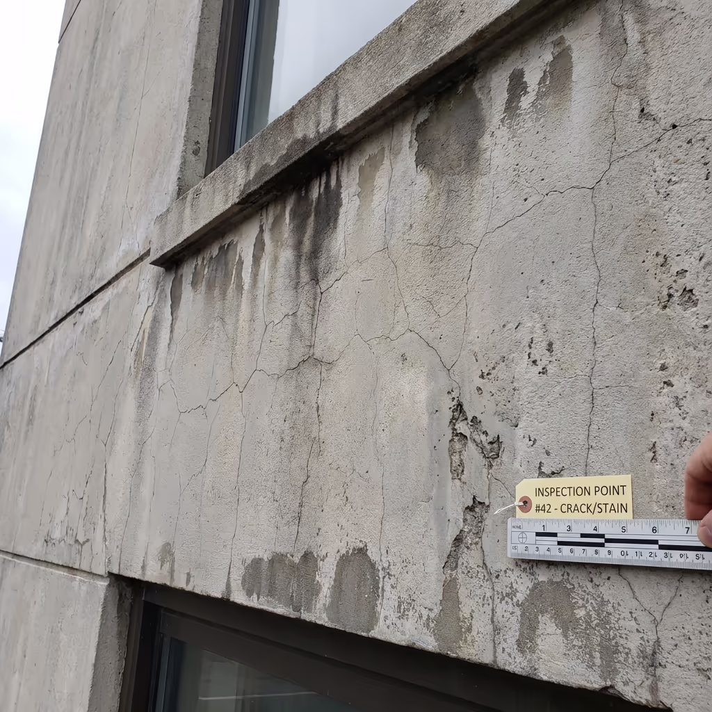 High-resolution facade detail showing crack and defect identification