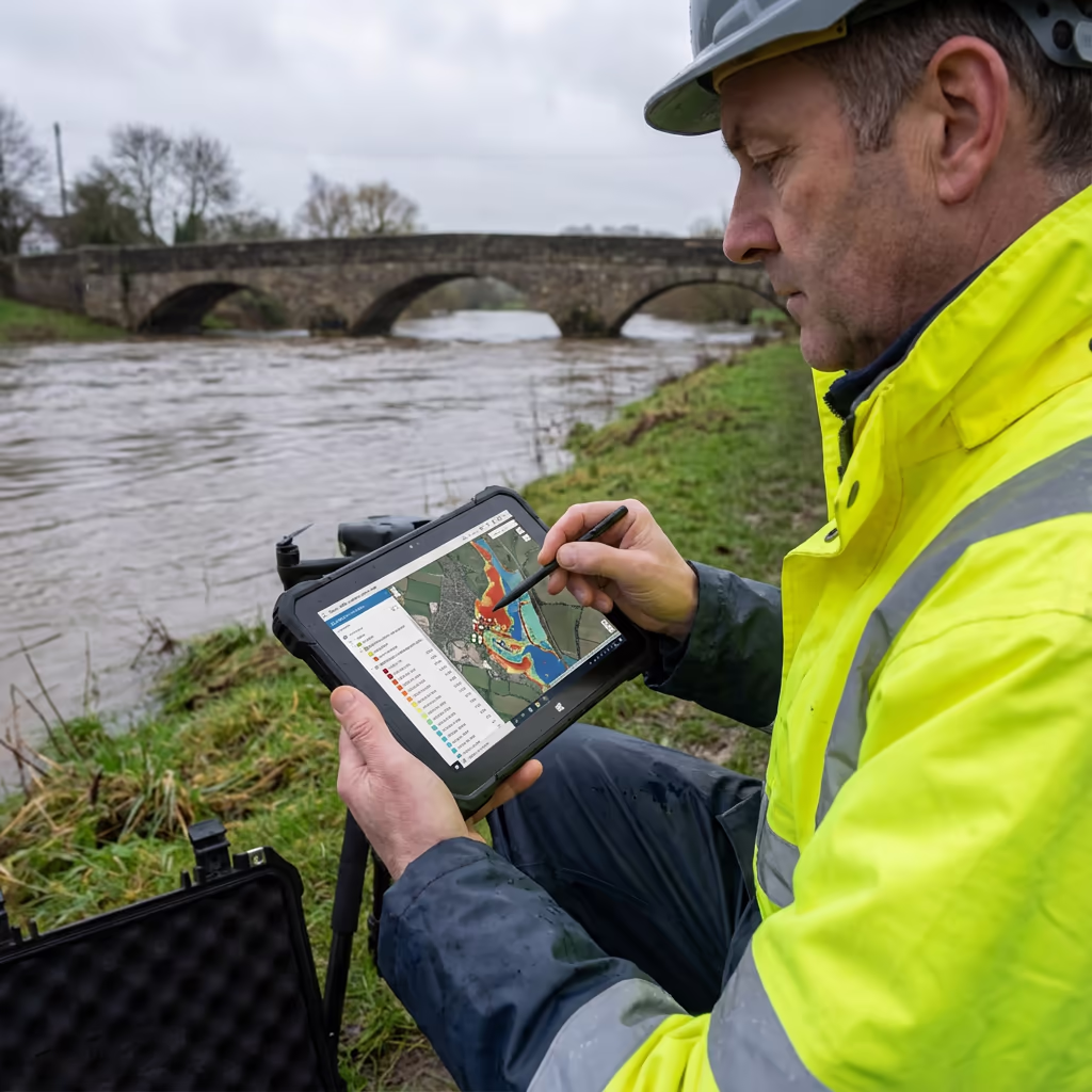 Surveyor reviewing drone flood risk data on tablet near UK river