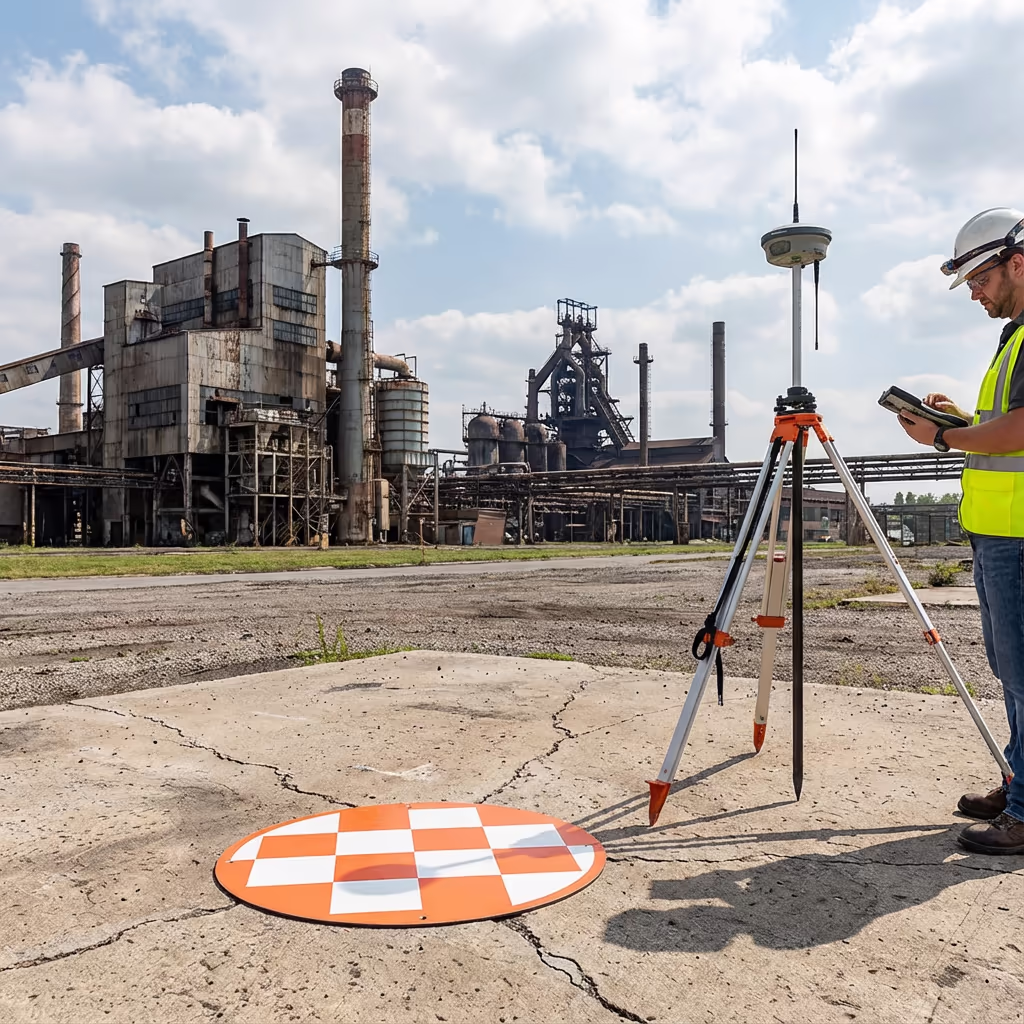 Ground control point marker at industrial site for survey accuracy