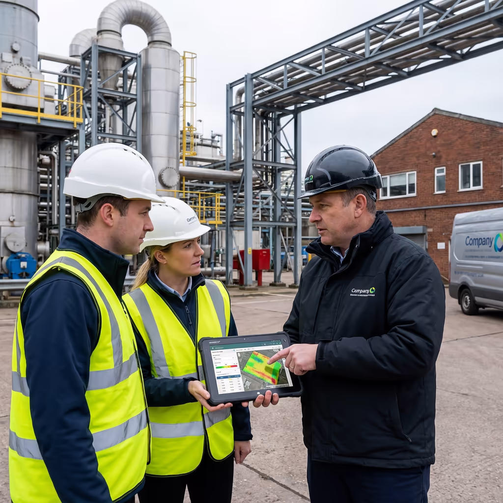 Professional survey team meeting with facility manager at industrial site