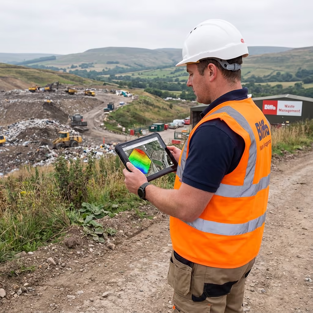 Surveyor reviewing drone landfill survey data on tablet at waste management site