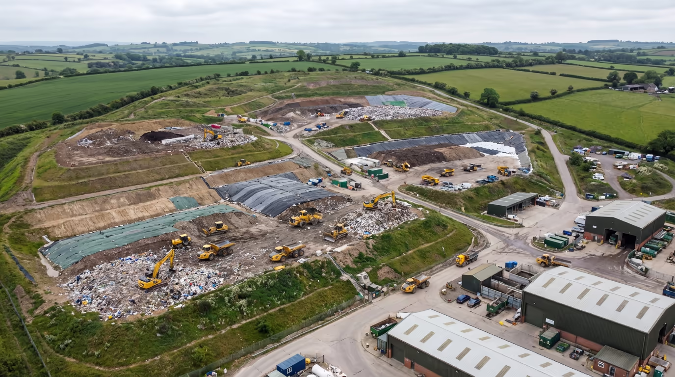 Aerial drone view of UK landfill site showing waste cells and operations
