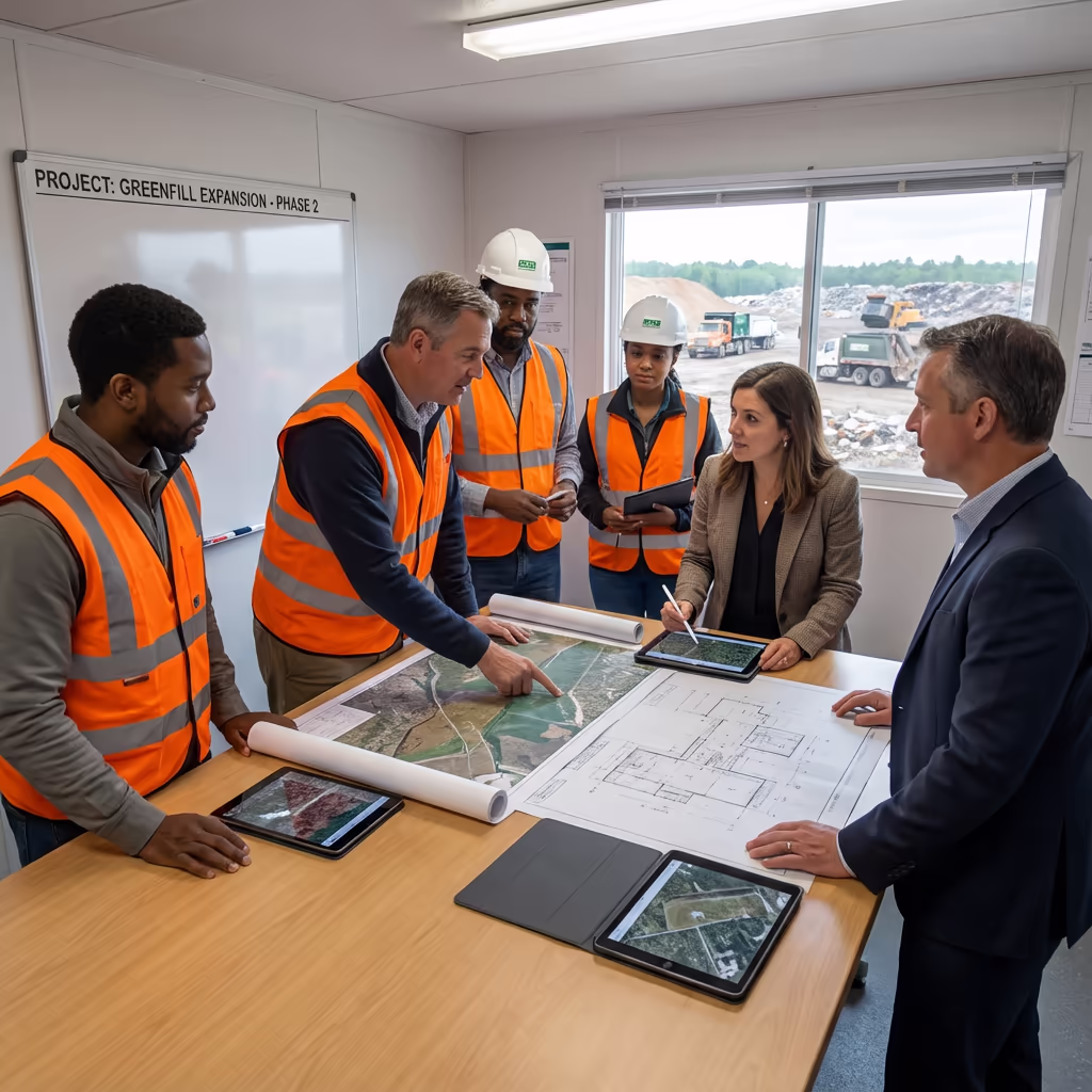 Professional survey team meeting with waste management client