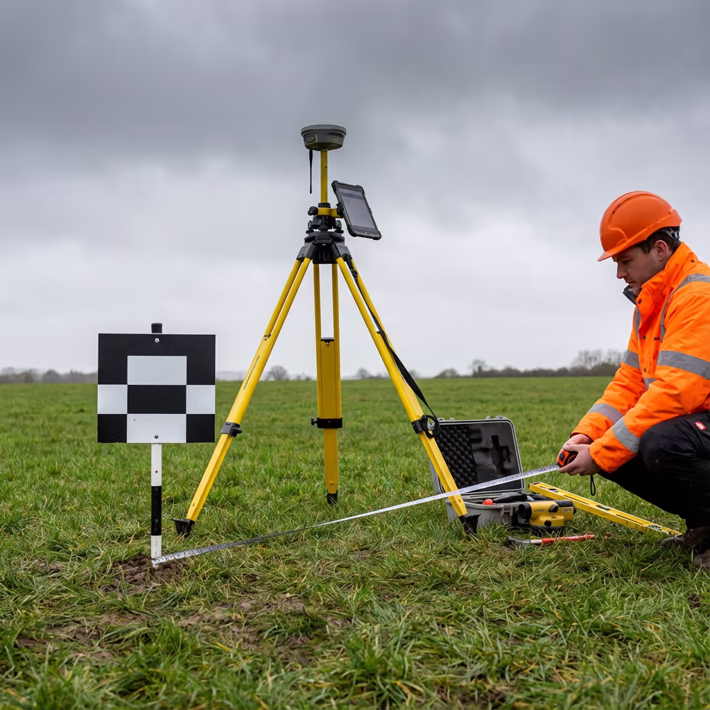 Survey ground control point marker with GPS equipment for precision measurements
