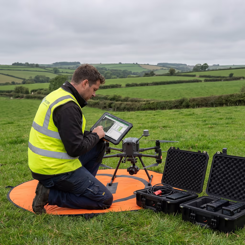 Drone surveyor kneeling next to DJI Matrice 350 reviewing project data on tablet