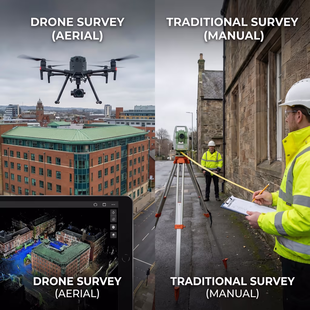 Comparison of drone measured building survey versus traditional tape measurement methods
