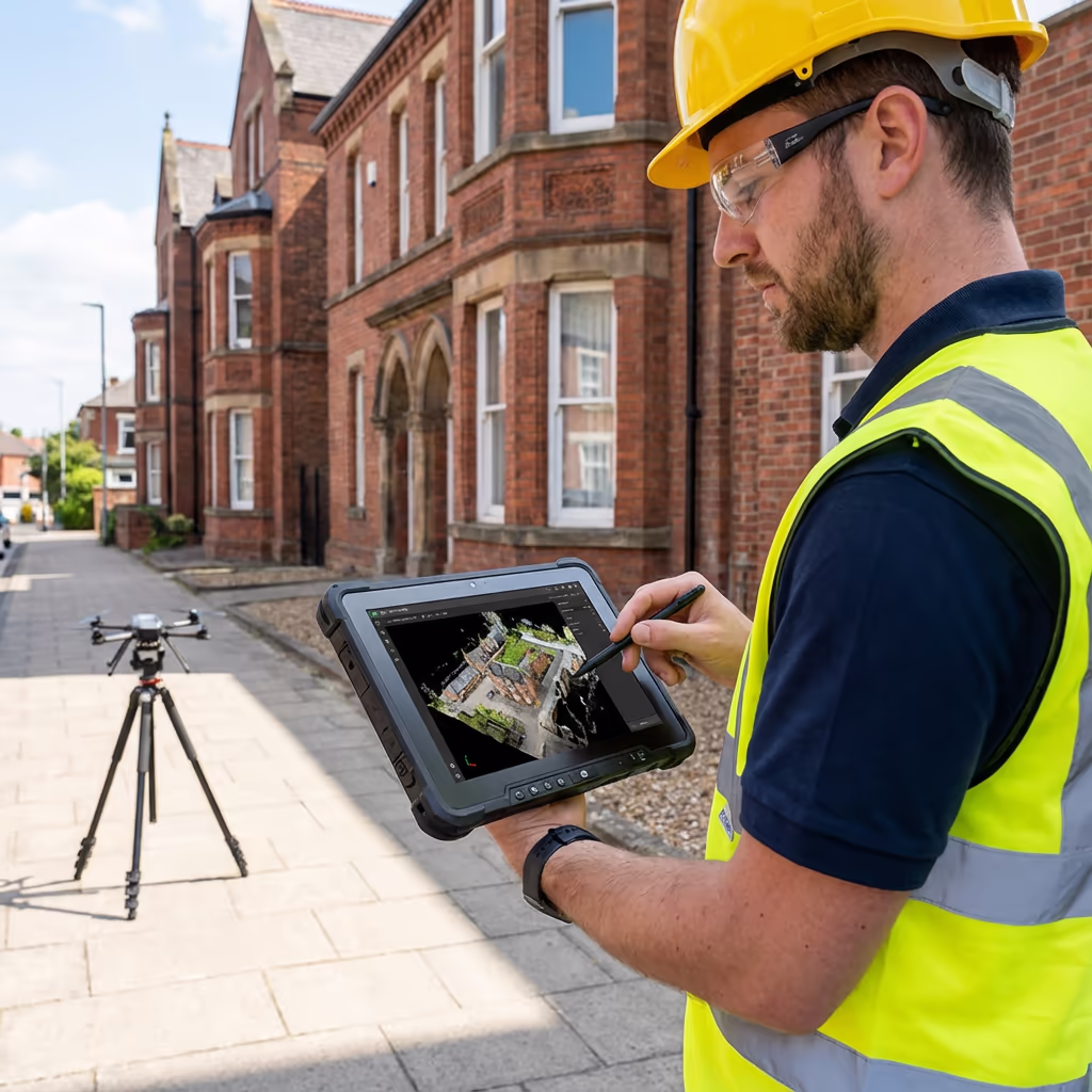 Surveyor reviewing drone measured building data on tablet