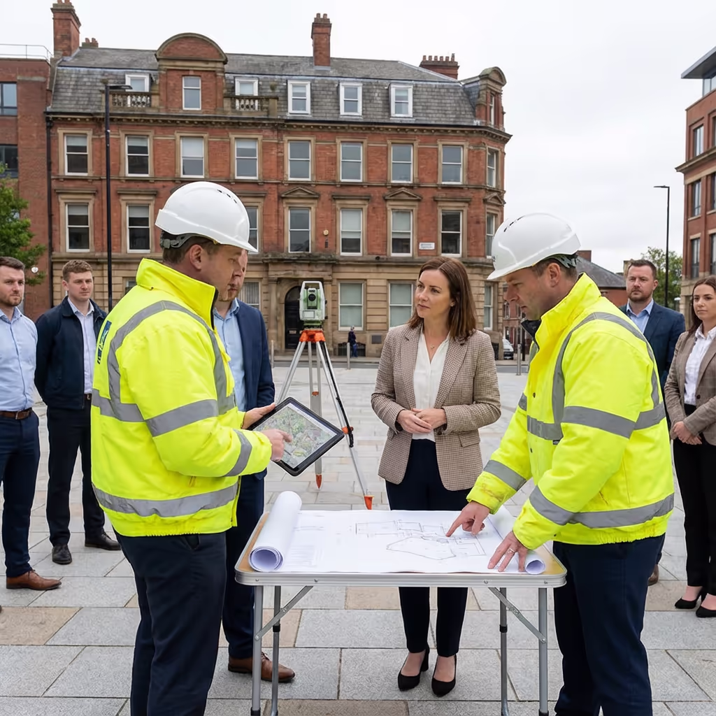 Survey team meeting with architect client discussing building survey requirements