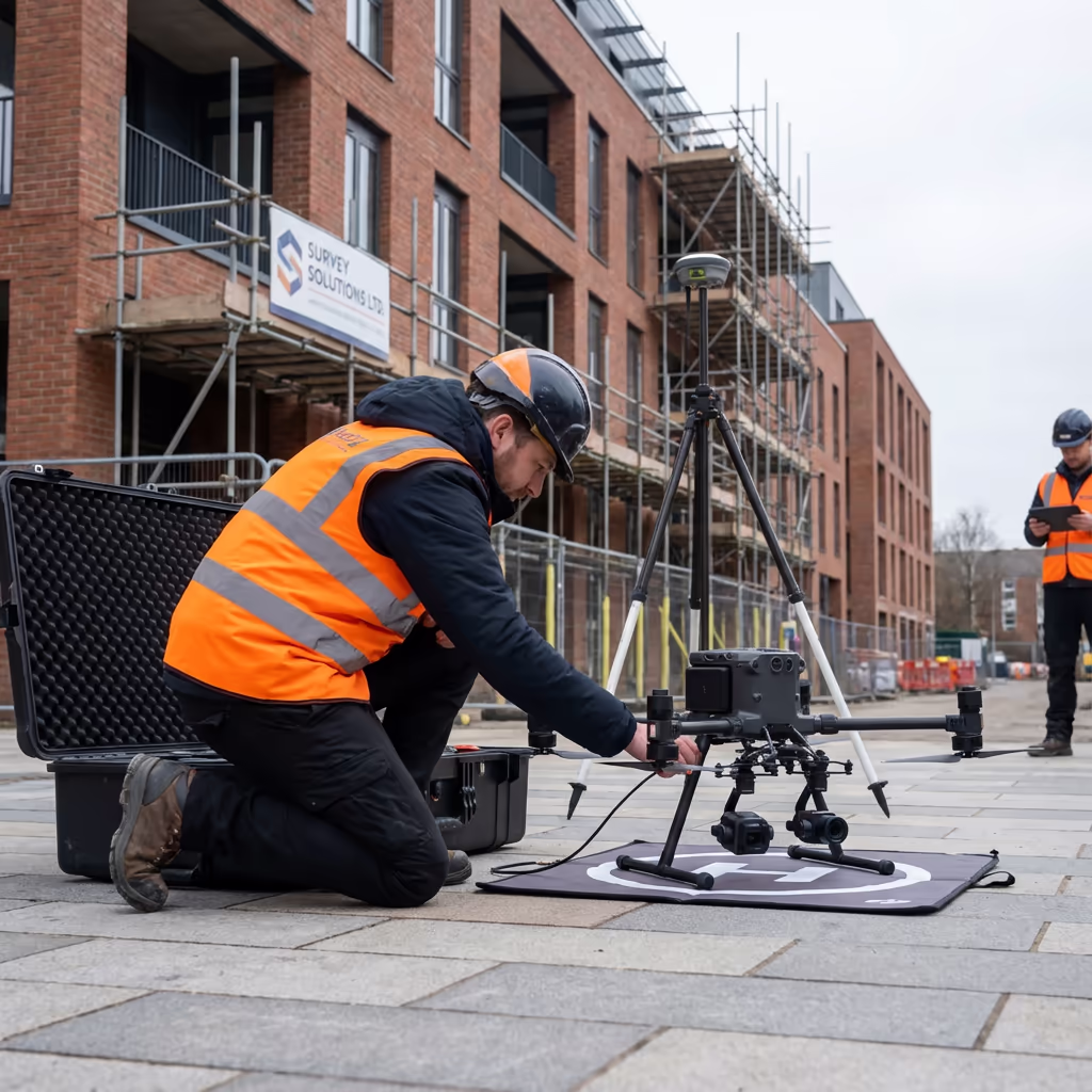 Drone pilot preparing for measured building survey
