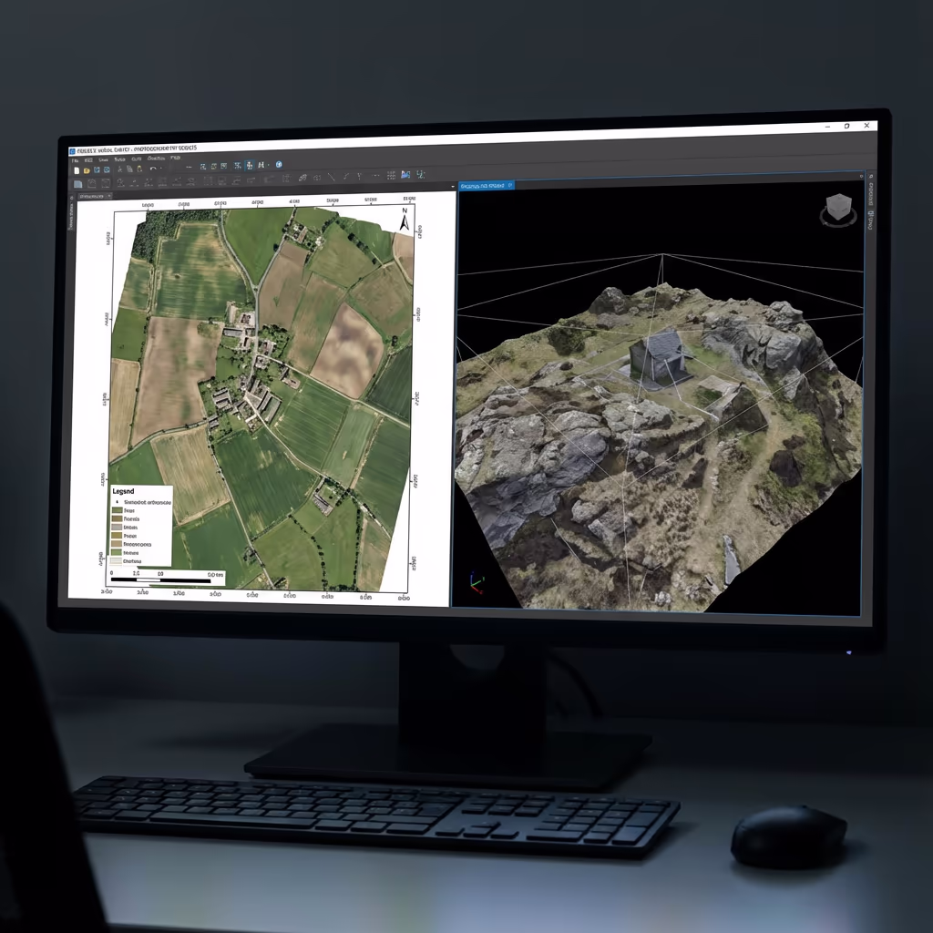 Computer screen displaying orthomosaic map and 3D model from photogrammetry