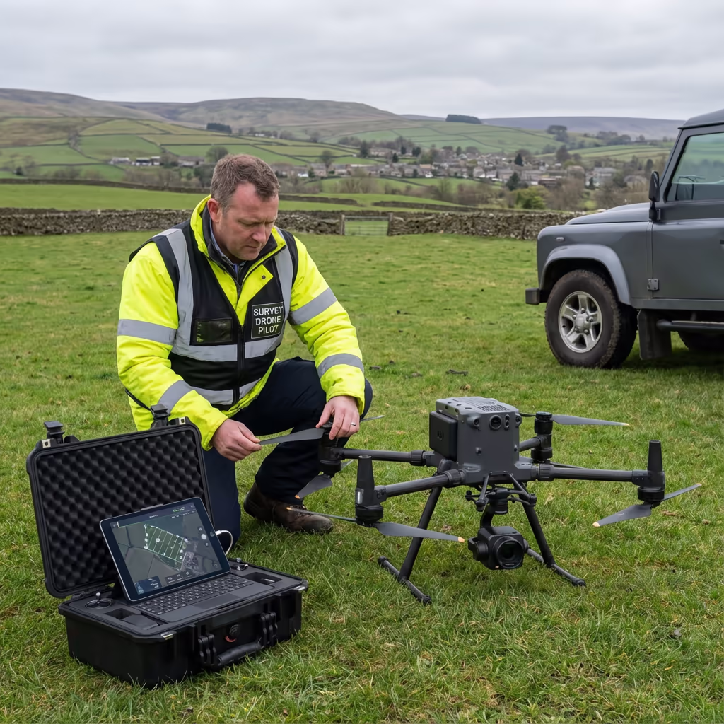 Drone pilot preparing DJI Matrice drone for photogrammetry survey flight in UK