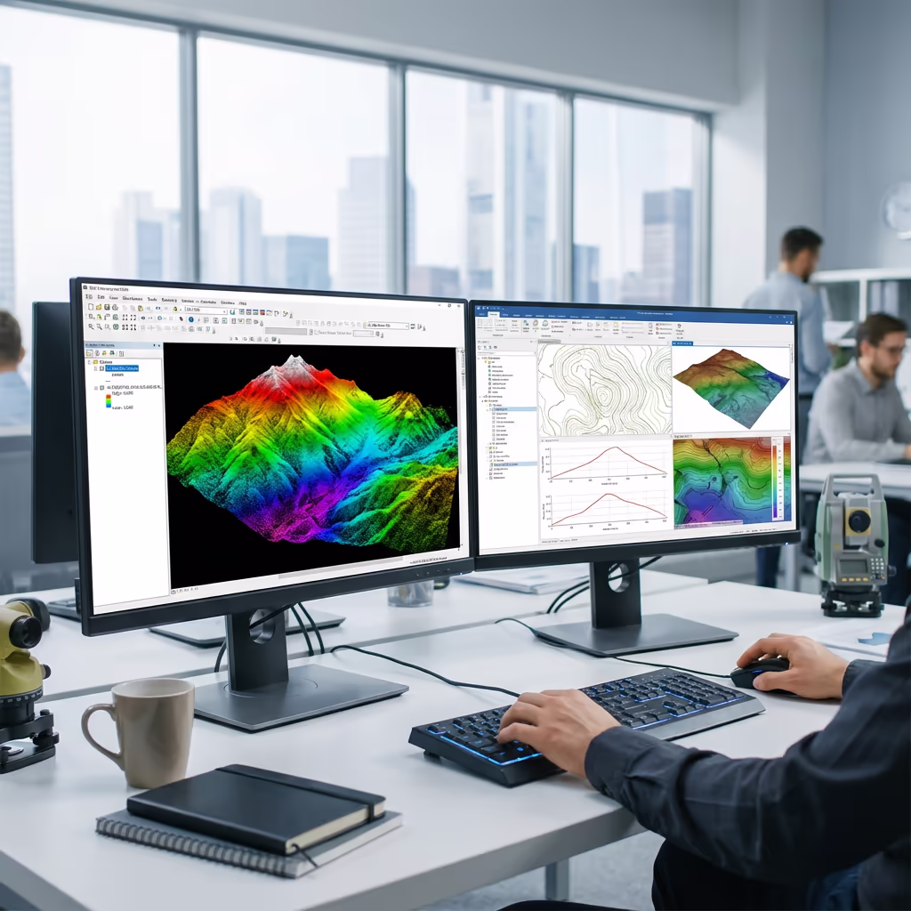 Railway survey CAD drawings and corridor models displayed on computer screen