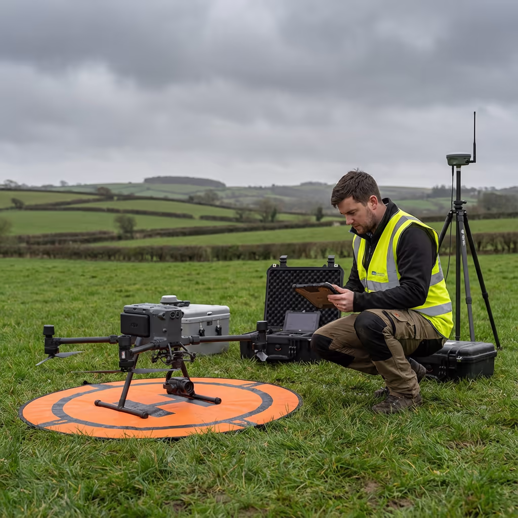 Drone pilot preparing for road survey flight beside UK highway