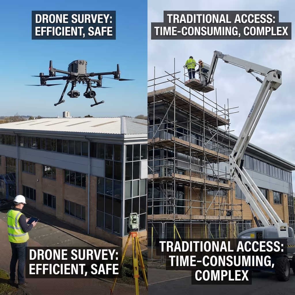 Comparison of drone roof survey versus scaffolding and cherry picker access