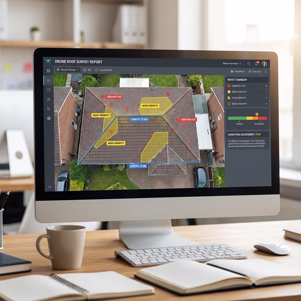 Annotated drone roof survey report displayed on computer screen