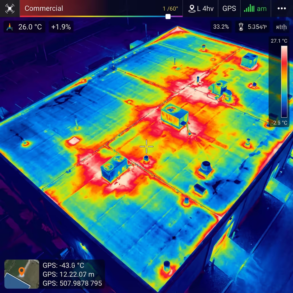 Thermal imaging overlay on roof showing heat loss patterns