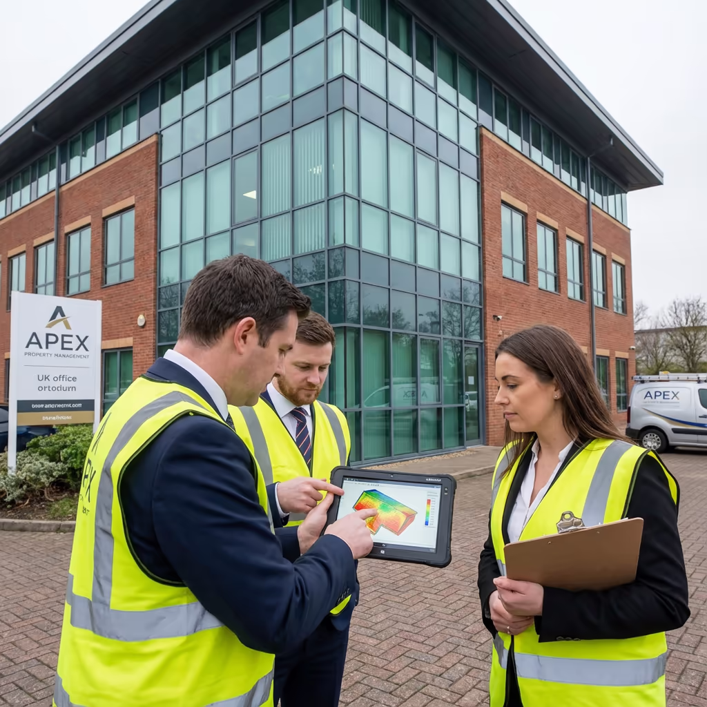 Professional survey team meeting with property manager