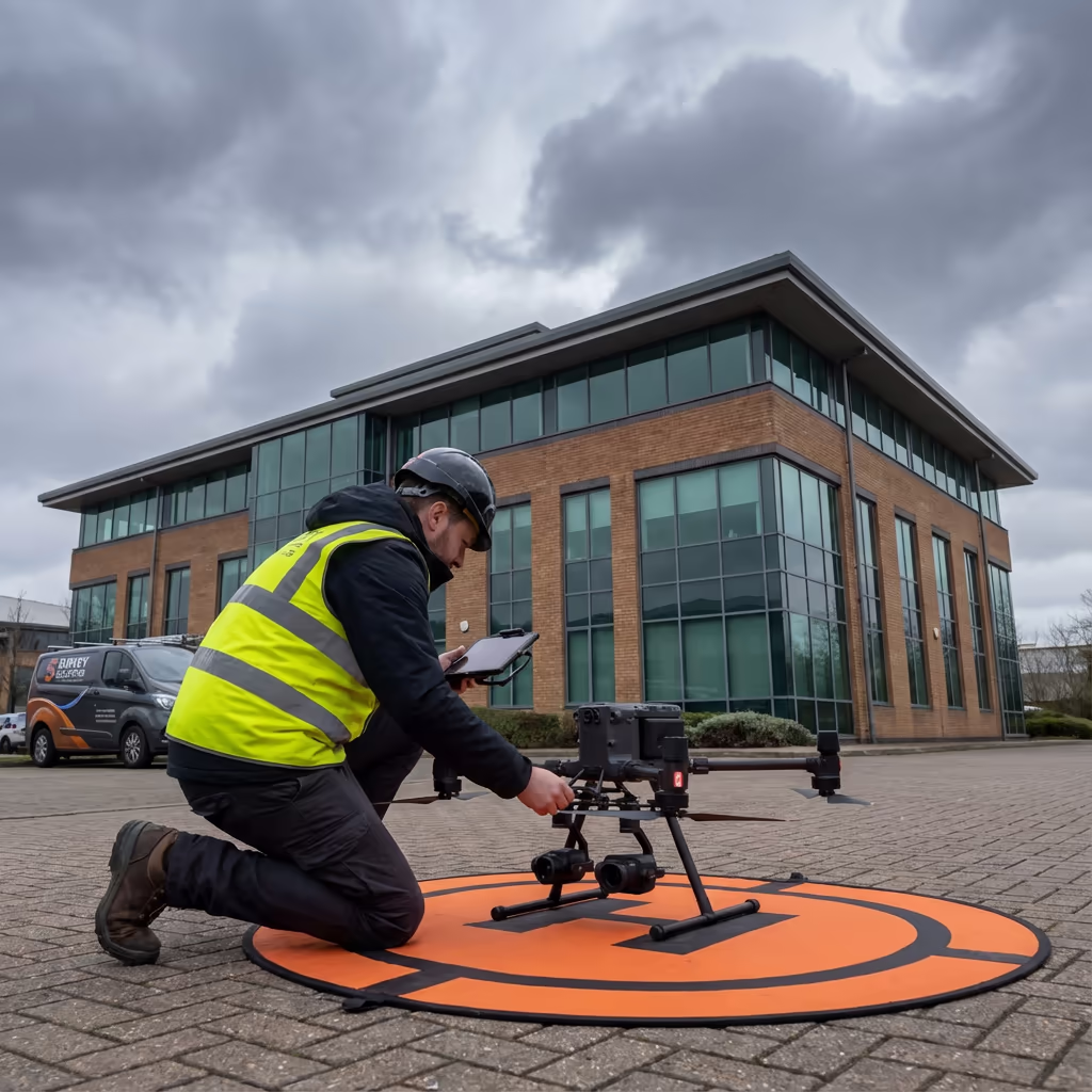 Drone pilot preparing for roof survey flight