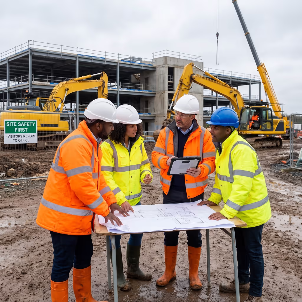 Survey team meeting with construction site manager discussing setting out requirements