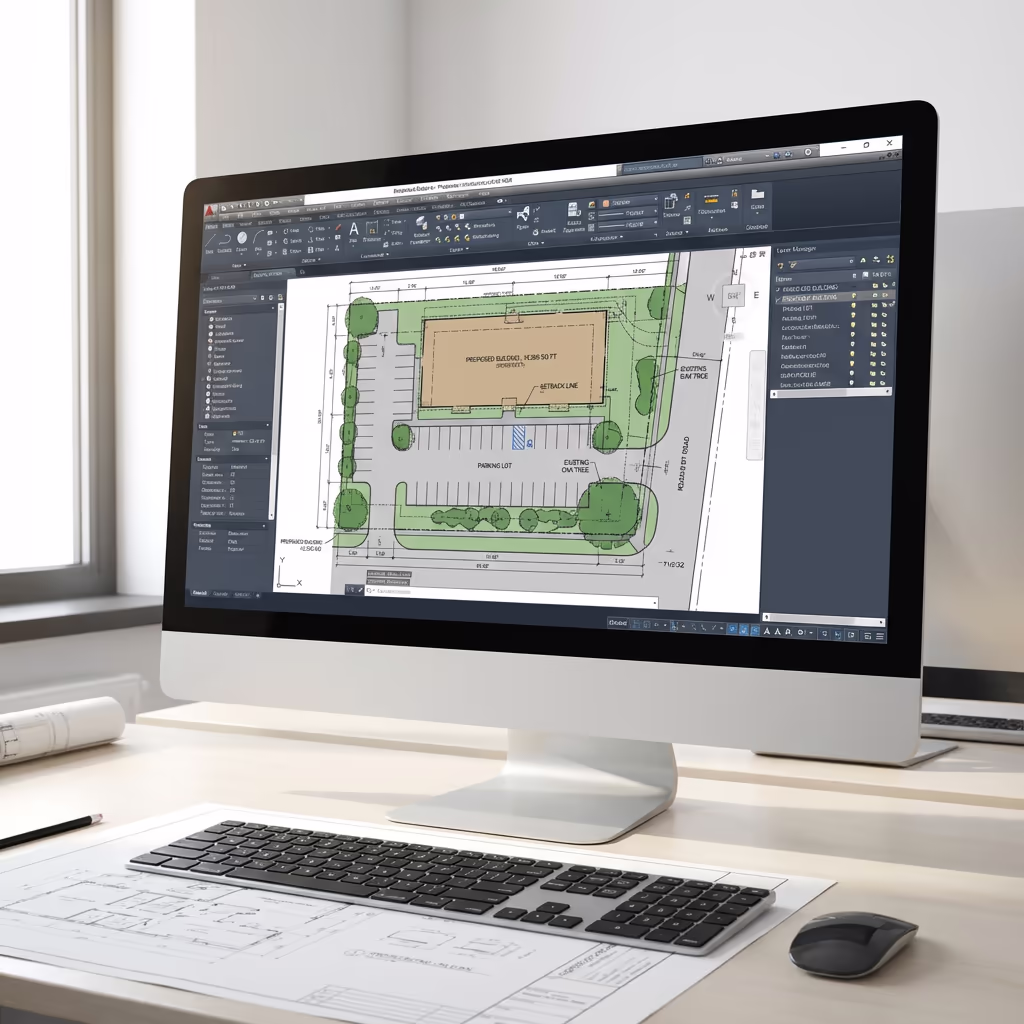 Site plan and CAD drawings displayed on computer screen showing professional deliverables