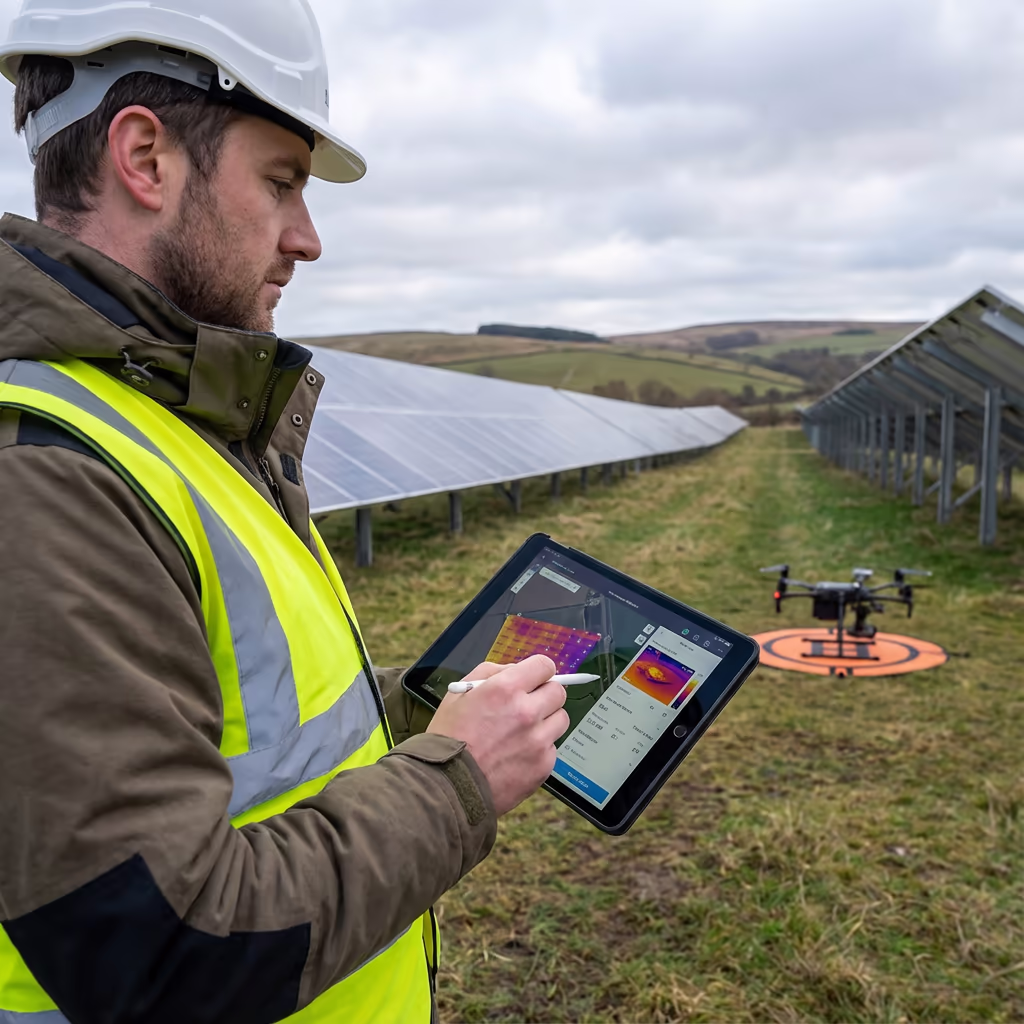 Surveyor reviewing drone solar farm survey data on tablet