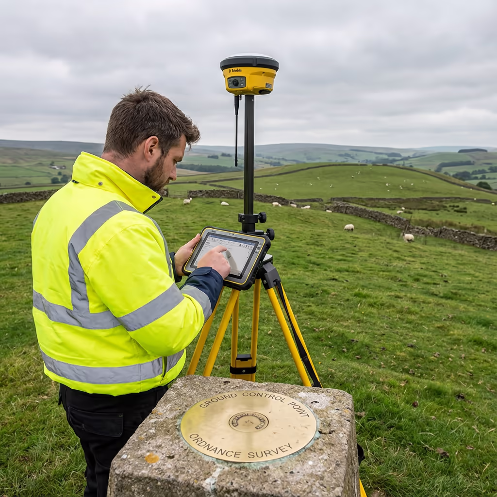 Survey ground control point marker with GPS equipment for precision topographic measurements