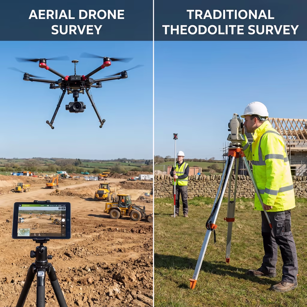 Side by side comparison of drone survey versus traditional surveying methods