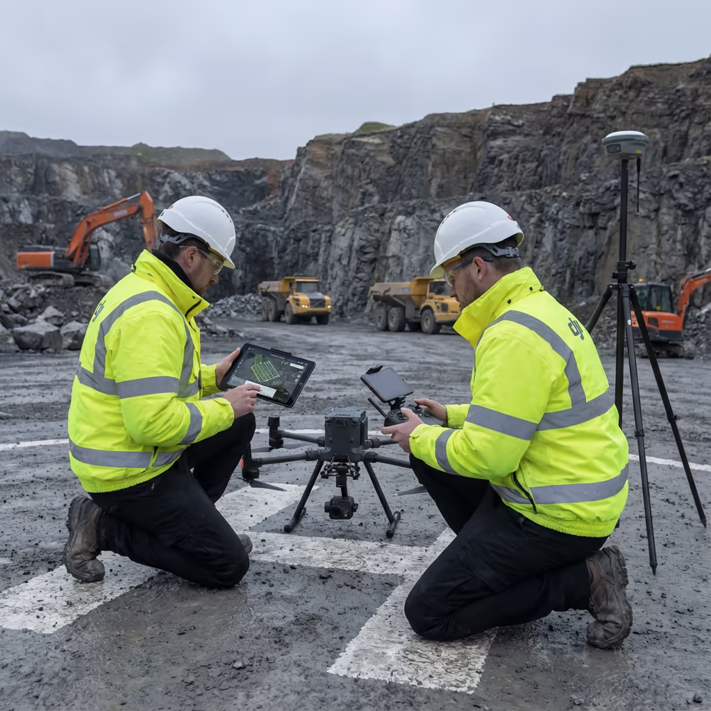 Drone pilot at quarry preparing for volumetric survey flight